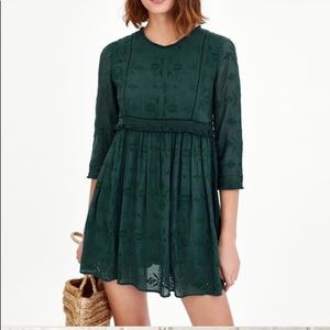Zara TRF embroidered dress forest green/teal small